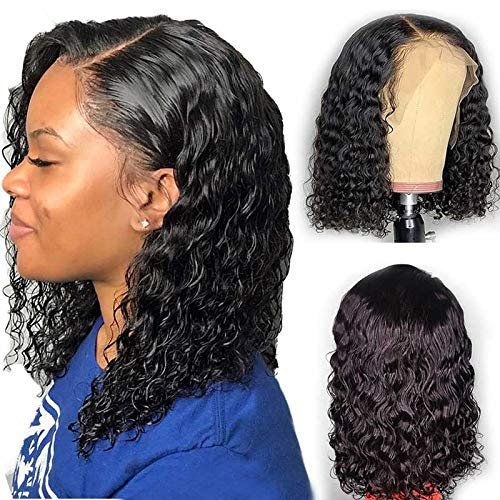 Forawme Glueless Lace Front Wigs Human Hair 10 Inch Water Wave 1B Black Pre Plucked Soft Bob Lace Wig Natural Hairline 150% Density Middle Size Cap (13X4 Frontal Lace)