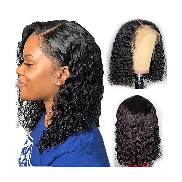 Forawme Glueless Lace Front Wigs Human Hair 10 Inch Water Wave 1B Black Pre Plucked Soft Bob Lace Wig Natural Hairline 150% Density Middle Size Cap (13X4 Frontal Lace)