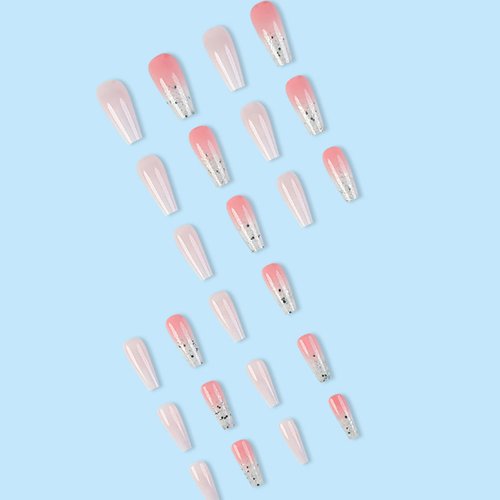 Hkanlre Bling Press on Nails Long Gradient Fake Nails Tips Full Cover False Coffin Nails for Women and Girls 24PCS