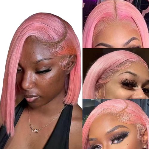 GIRLOFDREAMS Pink Bob Wig Human Hair 13x4 Straight Lace Front Wigs Glueless 180 Density Pre Plucked with Baby Hair Short Brazilian Remy Colored Hair Transparent Frontal Lace Wigs for Black Women