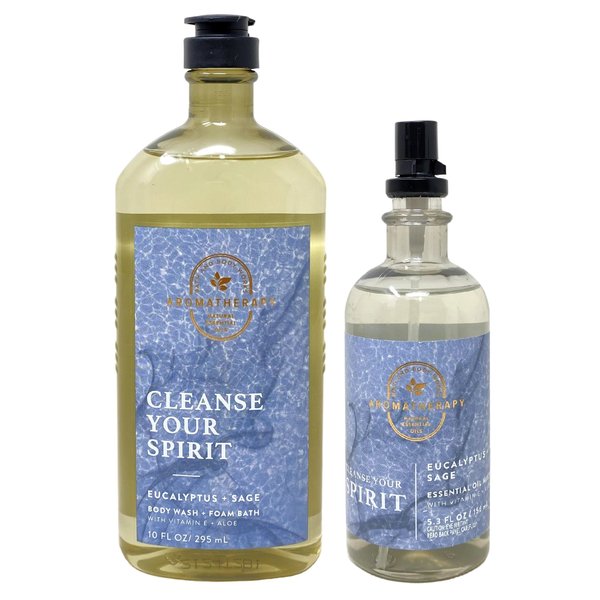 Bath and Body Work Aromatherapy Cleanse Your Spirit EUCALYPTUS + SAGE Body Wash + Foam Bath and Essential Oil Mist Bundle - Full Size