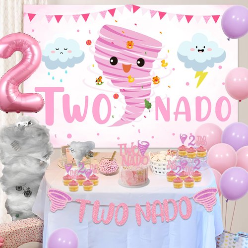 Sursurprise Two Nado Birthday Party Decorations for Girls, Tornado 2nd Birthday Party Decor with Two Nado Backdrop Banner Cake Topper, Number 2 Balloon, Baby Girl 2 Year Old Birthday Supplies