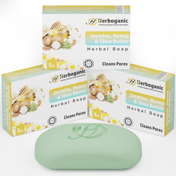 HERBOGANIC Jasmine, Honey and Shea Butter Herbal Soap | Natural Bar Soap for Cleansing Pores | Clarifying and Nourishing | Gentle for Men and Women | 5 Oz (Pack of 3)……