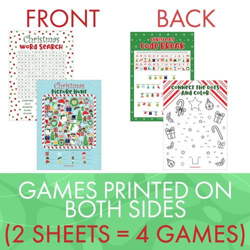 Christmas Party Games - Word Search, Picture Hunt, Code Break, Connect Dots - 4 Game Bundle for 25 Guests