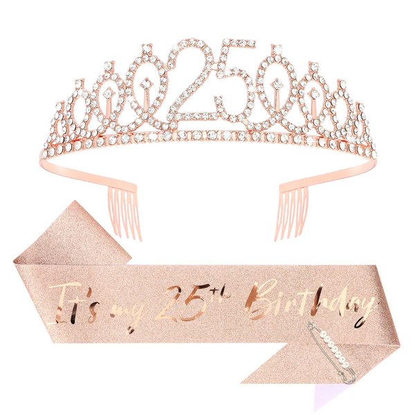 CIEHER 25th Birthday Crown + 25th Birthday Sash + Pearl Pin Set, 25th Birthday Gifts for Girls It's My 25th Birthday Decorations Women Happy 25th Birthday Party Supplies
