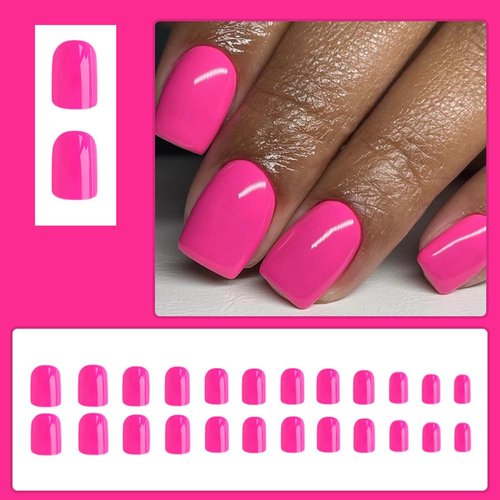 24 Pcs Hot Pink Press on Nails Short Square - YEFIUO Summer Solid Color Fake Nails Press ons Spring Nail Art Tips Full Cover French Acrylic False Nails with Glossy Design Glue on Nails Kit for Women