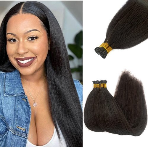 Smavida Yaki I Tip Hair Extensions Human Hair,Natural Black Yaki Straight Microlink Hair Extension Invisible I Tip Human Hair Extensions 18" Keratin Itip Hair Extensions Human Hair for Women 1g/s 50g