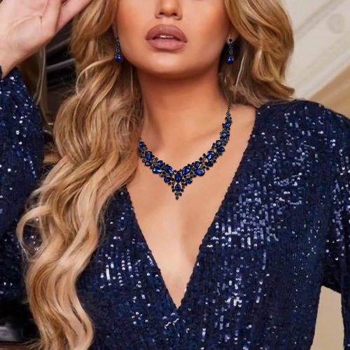 BriLove Wedding Bridal Jewelery for Women Austrian Crystal Teardrop Cluster Statement Necklace Dangle Earrings Link Bracelet Set Navy Blue Sapphire Color Black-Silver-Tone