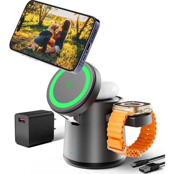 2025 Upgrade 3 in 1 Charging Station for Apple MagSafe Charger, Adjustable Portable Wireless Charging Stand, Fast Wireless Charger Dock for iPhone 16 15 14 13 12 Pro Max & Apple Watch AirPods (Gray)