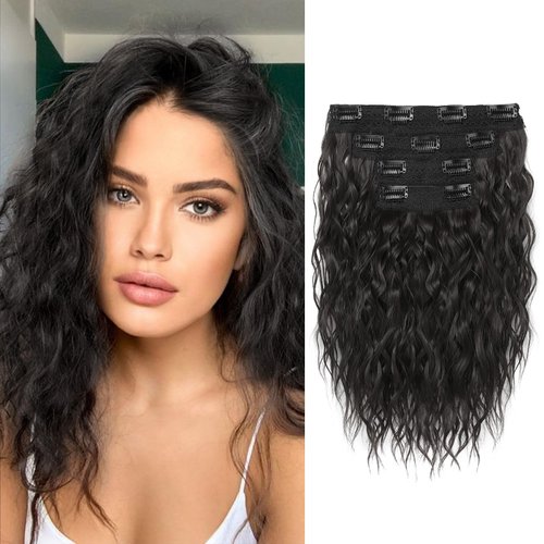 REECHO Hair Extensions, 4PCS Clip in Hair Extensions 12" Short Curly Wavy Hair Extensions Invisible Lace Weft Natural Soft Hairpieces for Women – Black Brown