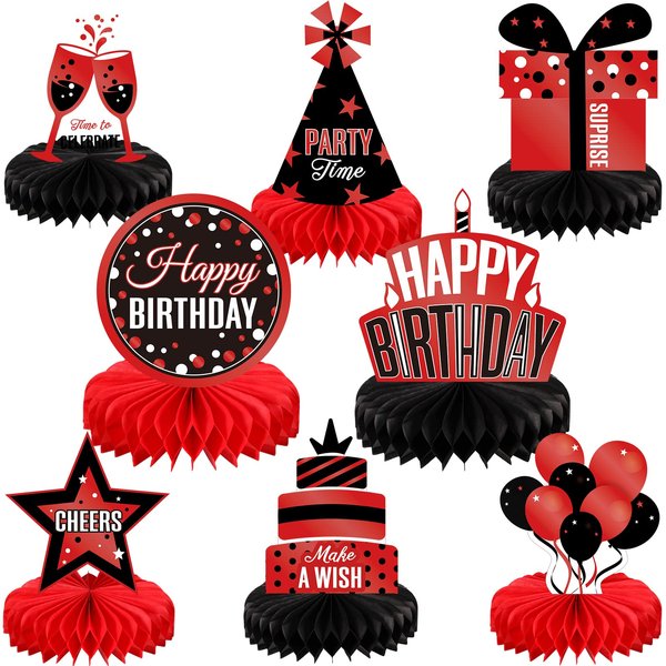 Pajean 8 Pieces Red and Black Birthday Party Honeycomb Centerpieces Red Black Table Centerpieces Decorations Red Table Centerpiece Sign for Kids Adults Party Supplies