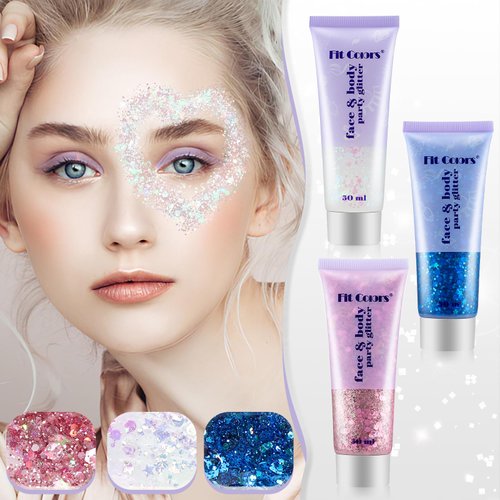 Glitter Makeup Body Glitter Face Paint Face Glitter Concert Face Makeup White Pink Blue 3 Colors Chunky Holographic Body Glitter for Concert Outfits, Clubwear or Cosplay, Costumes…