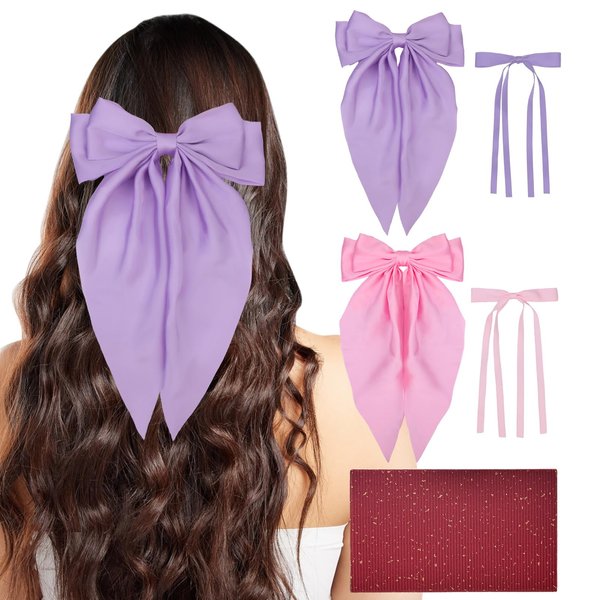 Yoseng 4pc Hair Bows for Women Adults Girls,Ribbon Hair Clips Bowknot With Long Tail,Bow Hair Clips,Hair Clips for Women with Bowknot Clips,Cute Hair Bows,Hairbow(Purple,Pink,2 size)