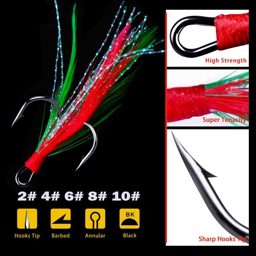 AMHDV Feather Fishing Hooks Strong Treble Hooks Size 2 4 6 8 10 (Pack of 20) (Red and green, 2#)