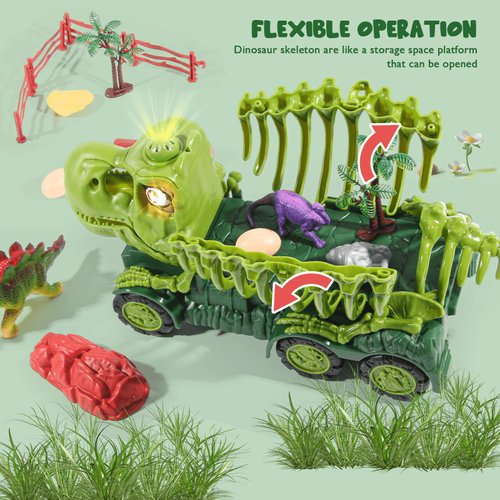 cobefy Dinosaur Fossil Skeleton Transport Truck Toy Playset with Lights & Sounds, Bone Carrier Trailer Vehicle Dino Figures Toy, Ideal Birthday Present for 3 Years Old and Up Boys & Girls