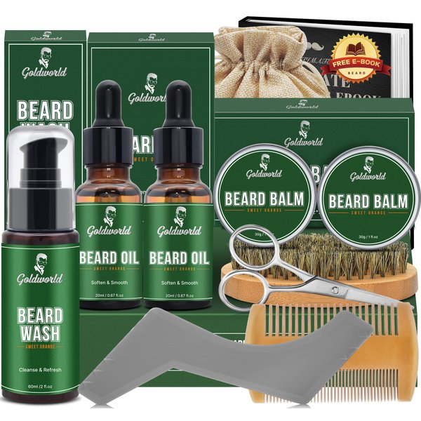 Beard Kit,Beard Grooming Kit w/2 Pack Beard Oil&2 Pack Beard Balm,Christmas Stocking Stuffers Gifts for Men Him Husband Dad Boyfriend,Shaving Kit w/Beard Wash Comb Brush (Orange)
