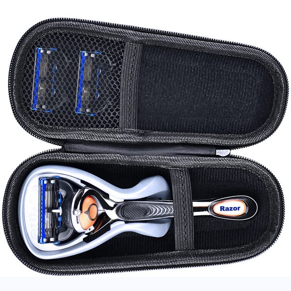 Enerfort Hard EVA Razor Travel Case Compatible with Gillette Men's Razor - Mesh Pocket for 2 Razor Blades + Lightweight Carrying Handle + Durable Zipper (Only Case) (Black)