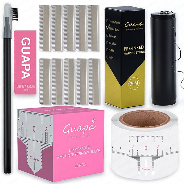 Eyebrow Mapping Set with Disposable Brow Ruler Sticker,Black Mapping Strings, Razor Blade,Pull Cord Peel-off Eyebrow Pencil for Microblading Tattoo Brows Lip Shading and Brow Measuring