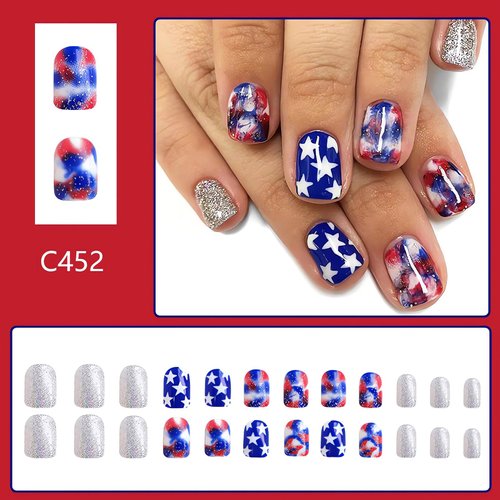 OHWODA Independence Day Press on Nails Square 4th of July Short Fake Nails Blue Red Patriotic False Nail Tips American Day Nails Designs Short Nails Press ons 24Pcs (style14)