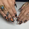 Halloween Press on Nails Medium Almond Nails Cute Ghost False Nails Orange Flower Design Black Halloween Nail Artificial Acrylic Nails Full Cover Coffin Nails Halloween Glue on Nails for Women