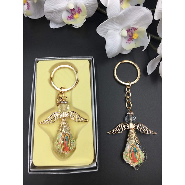 12 Gold Lady Guadalupe Angel Key Chain Crystal Baptism, First Communion, Confirmation, Party Pack