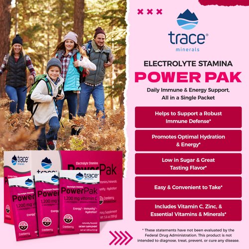 Trace Minerals | Power Pak Electrolyte Powder Packets | 1200 mg Vitamin C, Zinc, Magnesium | Boost Immunity, Hydration and Natural Energy | Cranberry | 30 Packets