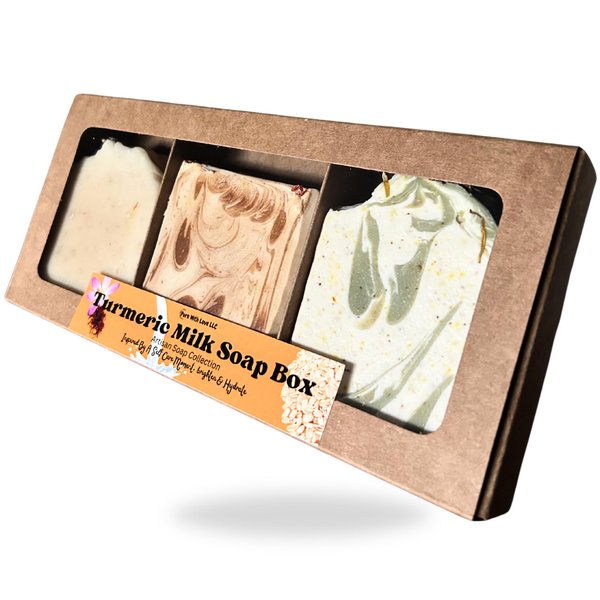 Turmeric Soap Box - Assorted 3 Bar Set, All Natural, Artisan, Clay, Goat Milk, For Face and Body All ages, Moisturing Creamy Lather