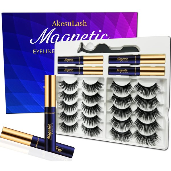 AkesuLash 3D Magnetic Eyelashes With Eyeliner Kit - Magnetic Lashes Natural Looking - 10 Pairs Reusable Magnetic Eyelash Kit with Applicator - Easy to Apply
