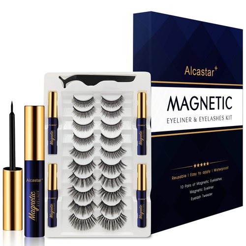 Alcastar 3D Magnetic Eyelashes,Magnetic Eyelashes and Eyeliner Kit, Magnetic Eyelashes with Applicator,Natural magnetic Lashes,Reusable False Lashes Easy to Use.Long Lasting (Kit-A3: 10 paris+4 tubes)