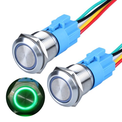 DMWD 2Pcs 19mm Latching Push Button Switch 12V 24V DC LED Indicator Waterproof Anti-Vandal Stainless Steel case 3/4" Mounting Hole 1NO1NC ON-Off with Harness (Halo Ring Green Light)
