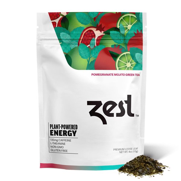 Zest 135mg High Caffeine Energy Loose Leaf Blend - Pomegranate Mojito Green Tea - 4 Oz - All Natural Strong Flavored Healthy Coffee Alternative Highly Caffeinated Substitute - Perfect for Keto