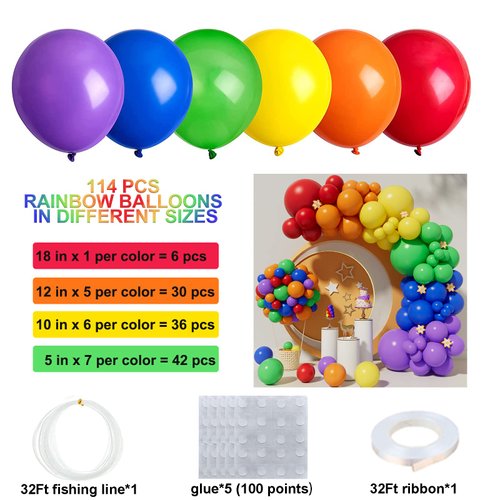Rainbow Balloons 114pcs Assorted Color 5/10/12/18 Inches Rainbow Latex Balloons,Multicolor Bright Balloons for LGBT Wedding Party Decoration,Birthday Party Supplies or Arch Garland Decoration