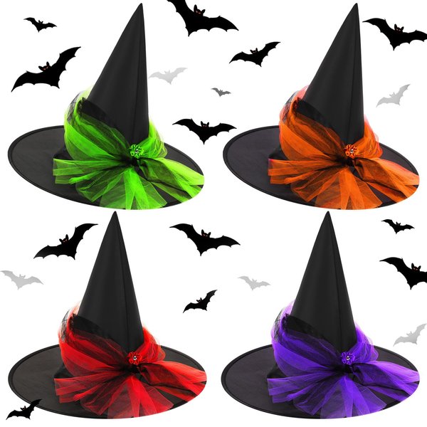 Mepase 4 Pieces Halloween Black Witch Hat Wizard Hat Costume Party Hats for Kid Girls Women Halloween Dress Decorations Cosplay Birthday Masquerade Accessory