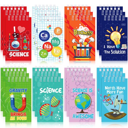 24 Pieces Science Party Mini Notepads, Science Party Favors Memo Spiral Tiny Notebooks Bulk Teacher Classroom Reward Prizes Piñata Gift Bags Fillers Supply for Boys Girls Science Birthday Party
