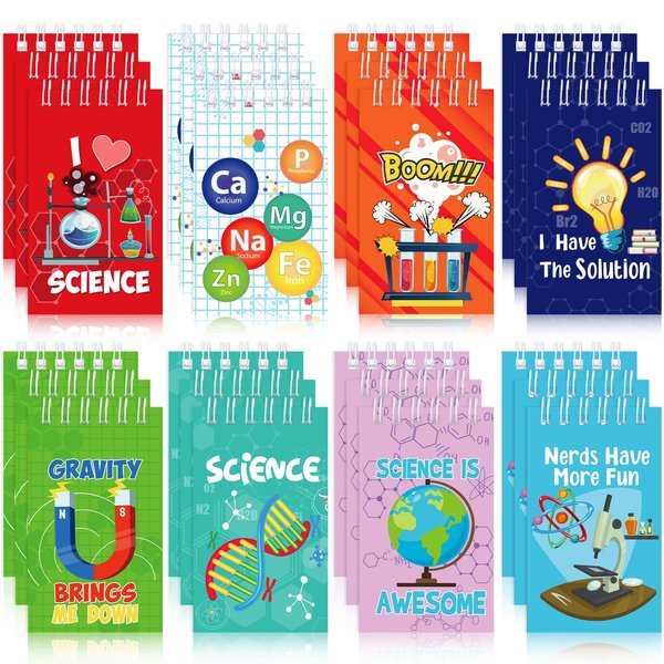 24 Pieces Science Party Mini Notepads, Science Party Favors Memo Spiral Tiny Notebooks Bulk Teacher Classroom Reward Prizes Piñata Gift Bags Fillers Supply for Boys Girls Science Birthday Party