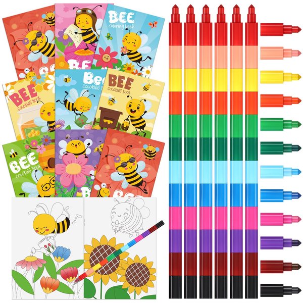 Funrous 24 Pcs Bee Coloring Books Bulk with 24 Stackable Crayons Spring Theme Drawing Books Flower Butterfly Honeycomb Insect Mini Activity Booklets Bee Party Favor Supplies Birthday Gift Bags Fillers