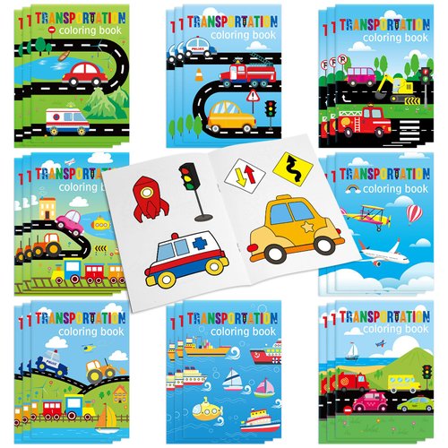 Kosiz 24 Pieces Transportation Coloring Books Traffic Theme DIY Art Drawing Book Party Favors Airplanes Vehicles and Ships Color Booklets Bulk for Birthday Party Gift Goodie Bag Filler