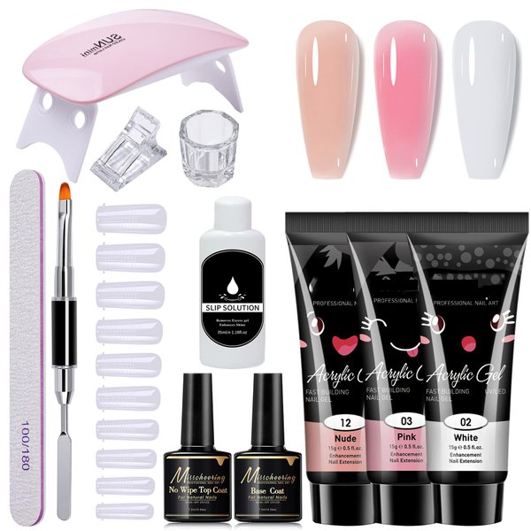 12 PCS Poly Extension Gel Manicure Kit Poly Gel With Mini Nail Lamp ,dual forms ,Slip Solution Basic Coat Poly Gel Nail Art Kits for Starter Basic Coat Poly Gel Nail Art Kits for Starter
