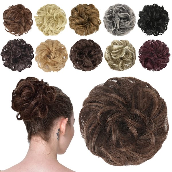 FESHFEN Hair Buns Hair Piece Hairpieces for Women Brown and Light Auburn Mixed Hair Scrunchies Thick Hair Extension Bun Messy Wavy Ponytail Scrunchy Updo Chignon 1PCS