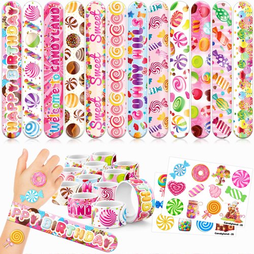 Cherisnowy 48 PCS Candyland Party Favors 24PCS Tattoos Stickers 24PCS Slap Bracelets Wristbands Perfect for Themed Birthday Baby Showers or Classroom Rewards Ideal Decor and Gifts for Girls and Boys