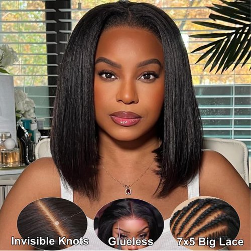UNICE Bye Bye Knots Wig Yaki Kinky Straight Bob Wigs Human Hair Pre Bleached Invisible Knots 7x5 Lace Front Wigs Human Hair Pre Everything Glueless Wigs Pre Plucked Pre Cut Lace 14 inch