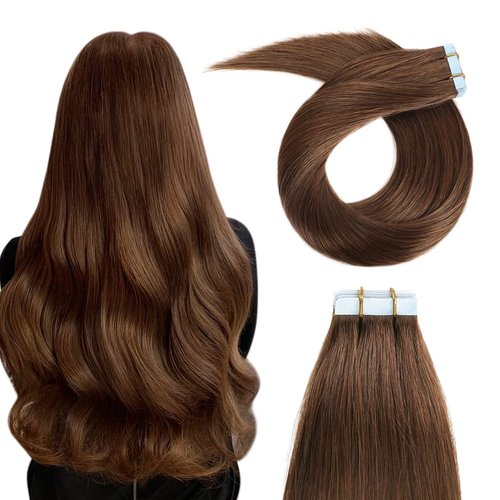 YILITE Tape in Hair Extensions #4 Medium Brown Color Remy Human Hair Silky Straight Seamless Skin Weft Real Natural Hair Tape in Extensions 20pcs 50g 18 inches