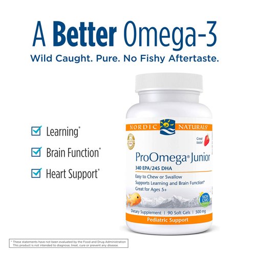 Nordic Naturals ProOmega Junior - Fish Oil, 340 mg EPA, 245 mg DHA, Support for Healthy Neurological, Nervous System, Eye, and Immune System Development*, Strawberry Flavor, 90 Soft Gels