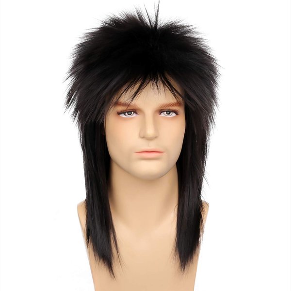 Kaneles Mens Black Mullet Wig 80s Spiked Rocker Wig Halloween Costume Punk Metal Male Hair