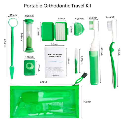 Uouovo Portable Orthodontic Oral Care Kit for Braces -2 Orthodontic Care Set - Dental Braces Kit, Interdental Brush Dental Wax Dental Floss Toothbrush Cleaning Kit(Green & Red)
