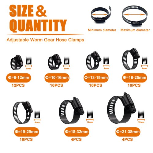 ISPINNER 60pcs Stainless Steel Adjustable 6-38mm Range Worm Gear Hose Clamps Assortment Kit for Plumbing, Automotive, Mechanical Applications (Black)