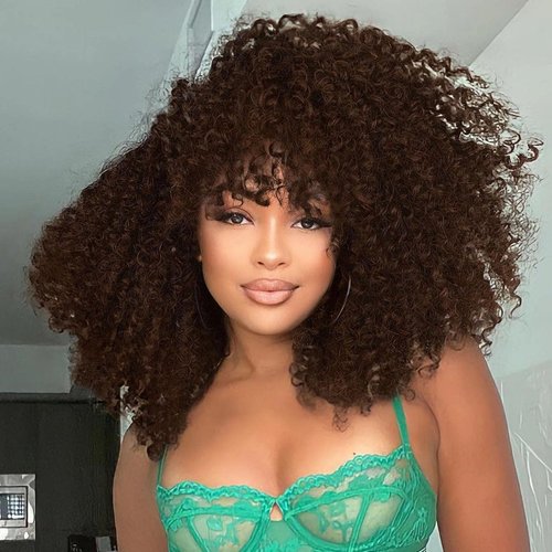 WIGER Short Afro Kinky Curly Wigs for Women Dark Brown Curly Afro Hair Wig Short Curly Bob Wig Synthetic Brown Curly Wigs With Bangs