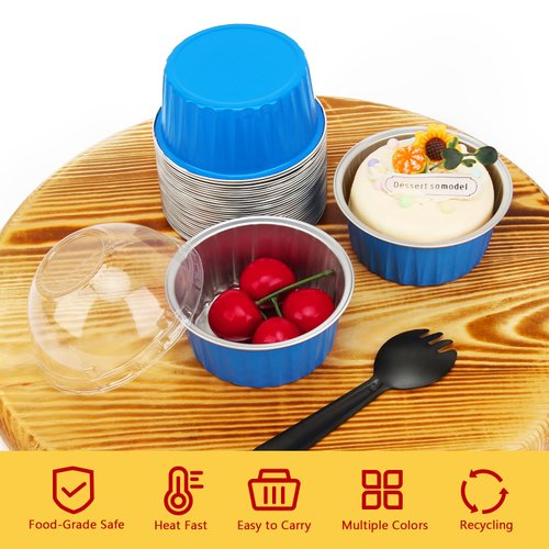 5oz Muffin Tins with Lids 50 Pack,Free-Air Aluminum Foil Cupcake Liners Baking Pans,Jumbo Muffin Liners Cupcake Pans,Disposable Ramekins Muffin Cups Containers-Blue
