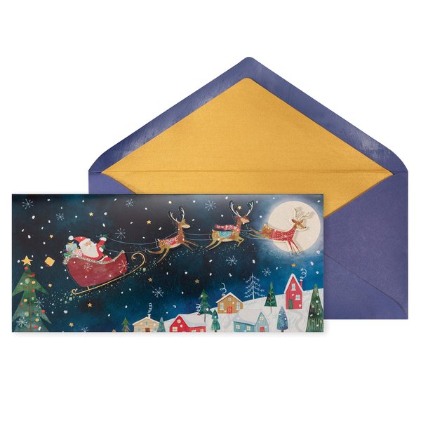 NIQUEA.D Christmas Boxed Card Set, Santa & Reindeer In Night Sky, Includes a Holiday Sentiment and Coordinating Envelope, Set of 8 (NXB-0037), multicolored, 3.875" X 8.5"