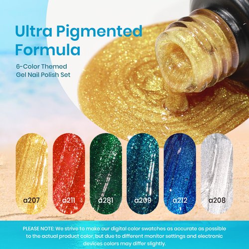 Beetles Glitter Gel Nail Polish, 6 Colors Red Blue Green Gel Nail Polish Set Soak Off Uv LED Nail Lamp Reflective Glitter Nail Art DIY Home Nails Perfect for Women Manicure